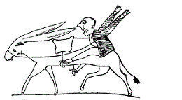A cartoon man is sitting incorrectly on a moving horse.